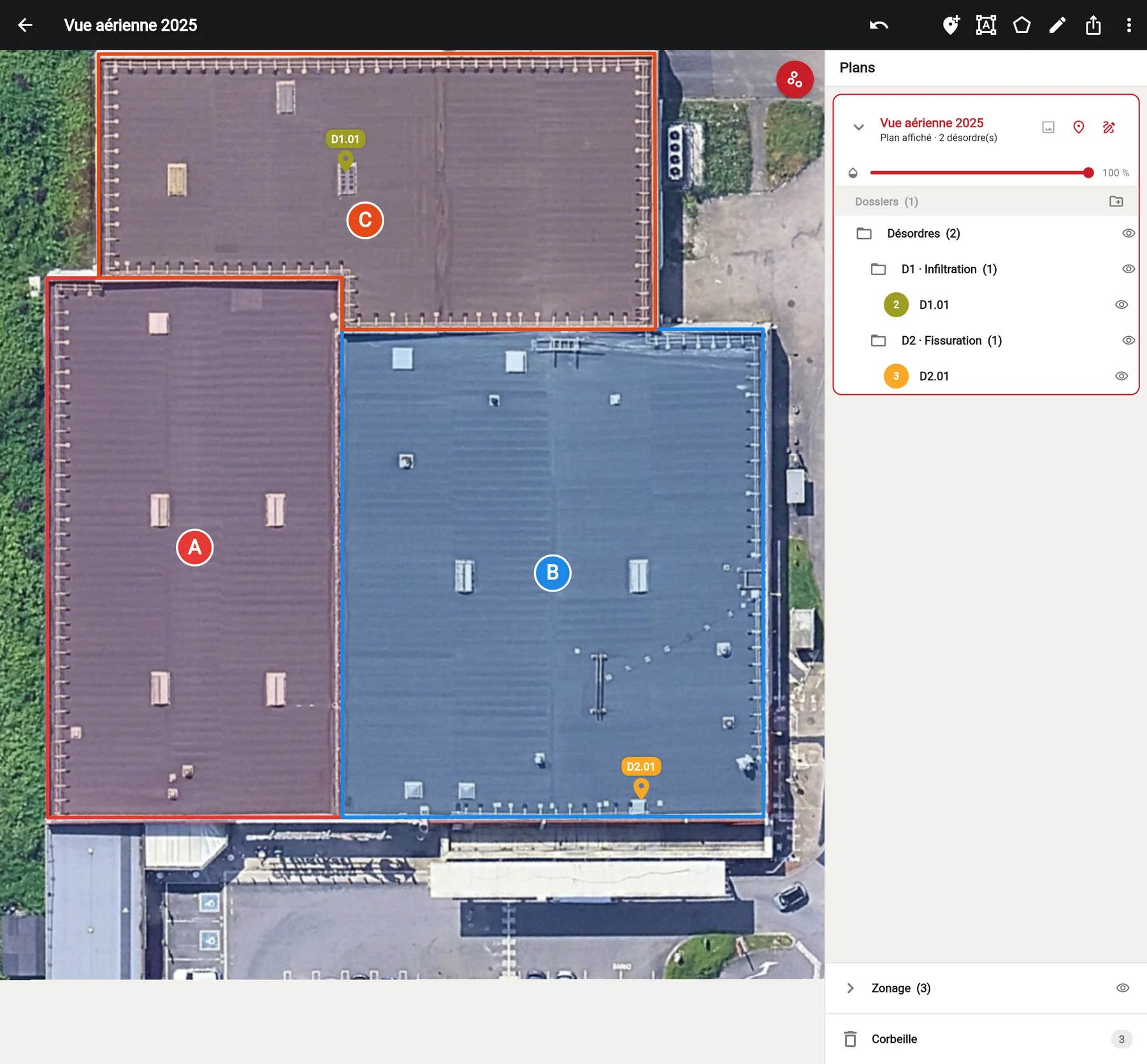 Interface Sondar affichant une vue aérienne zonée, des désordres positionnés et le panneau des plans